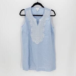 J. Jill Love Linen Light Blue White Beaded Embroidered Tank shift dress size SP